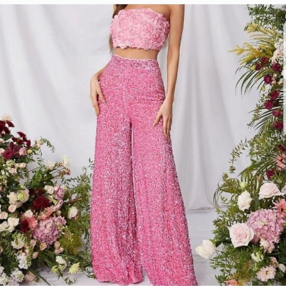 Coord set Pink Floral Applique Tube Top & Sequin Wide Leg Pants Set new wot - Picture 3 of 14